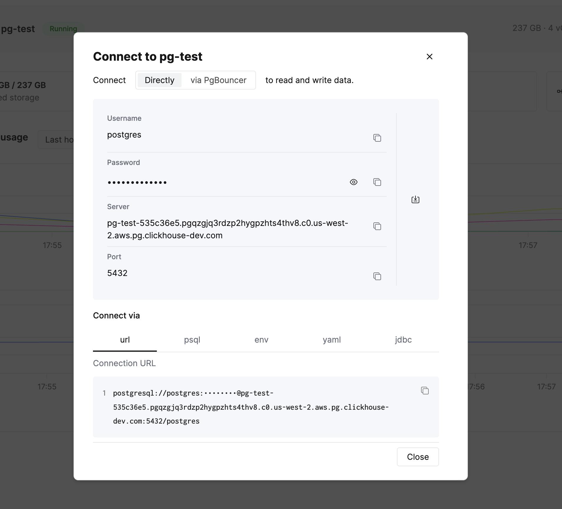 Модальное ок�но подключения Managed Postgres