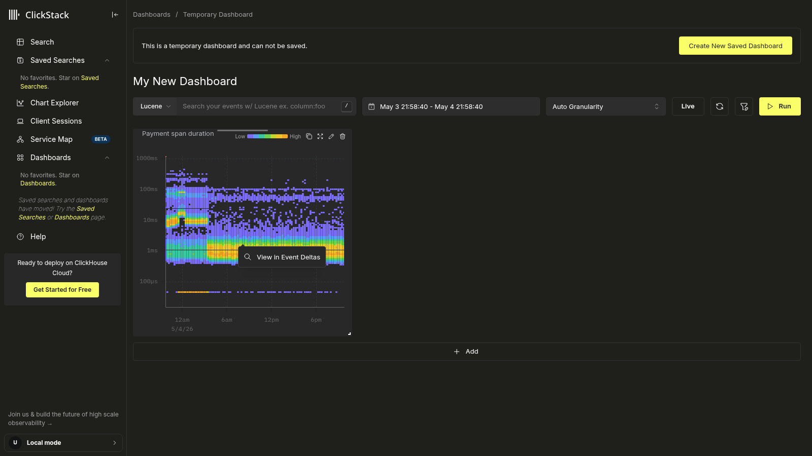 При щелч�ке по ячейке heatmap отображается действие View in Event deltas