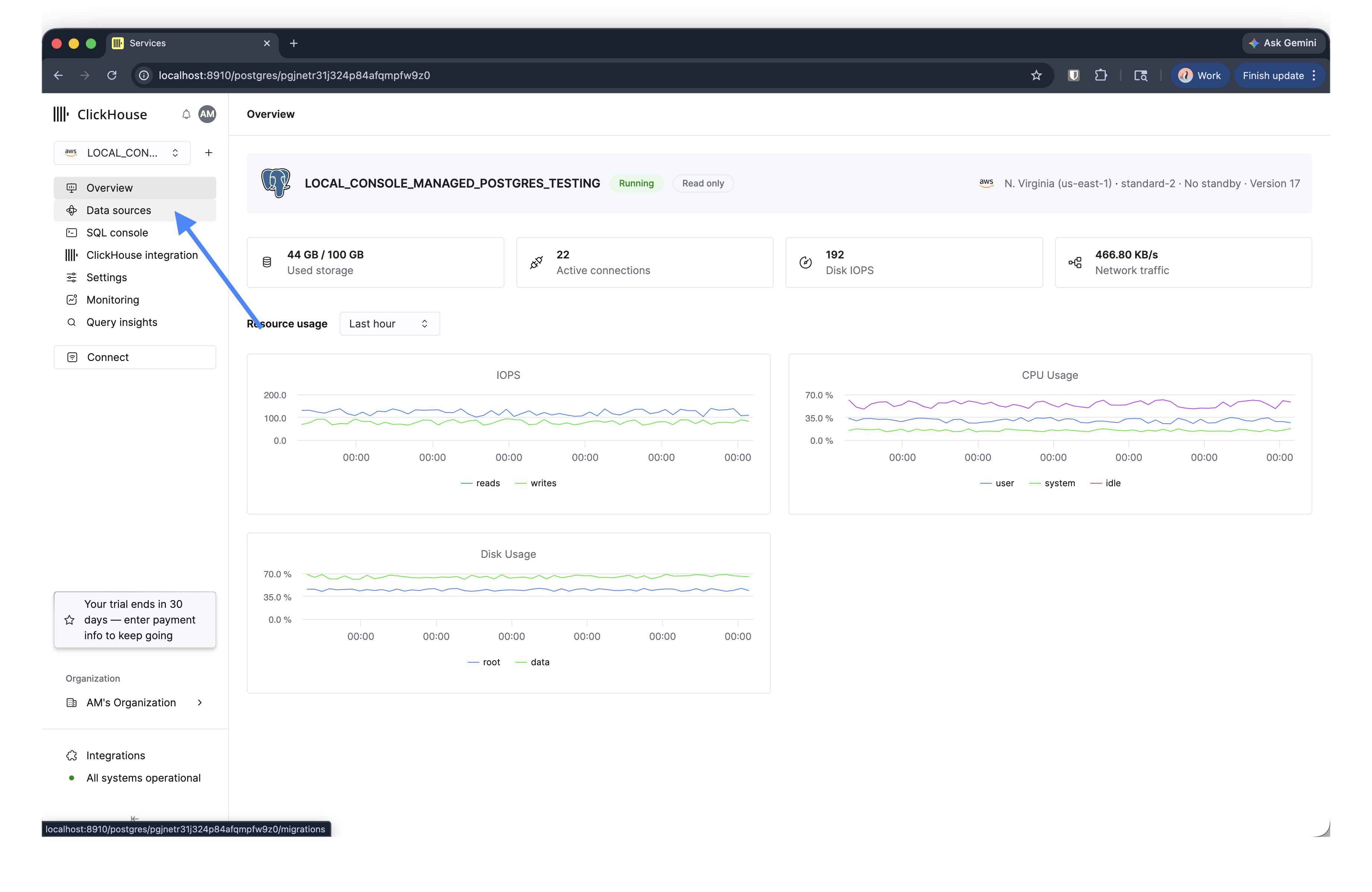 Пункт Источники данных на боковой панели сервиса Managed Postgres